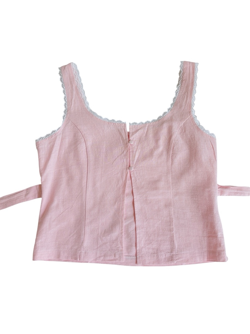 Pink Lace-Trim Linen Tank Top with Tie in size Medium - Picture 3 of 4